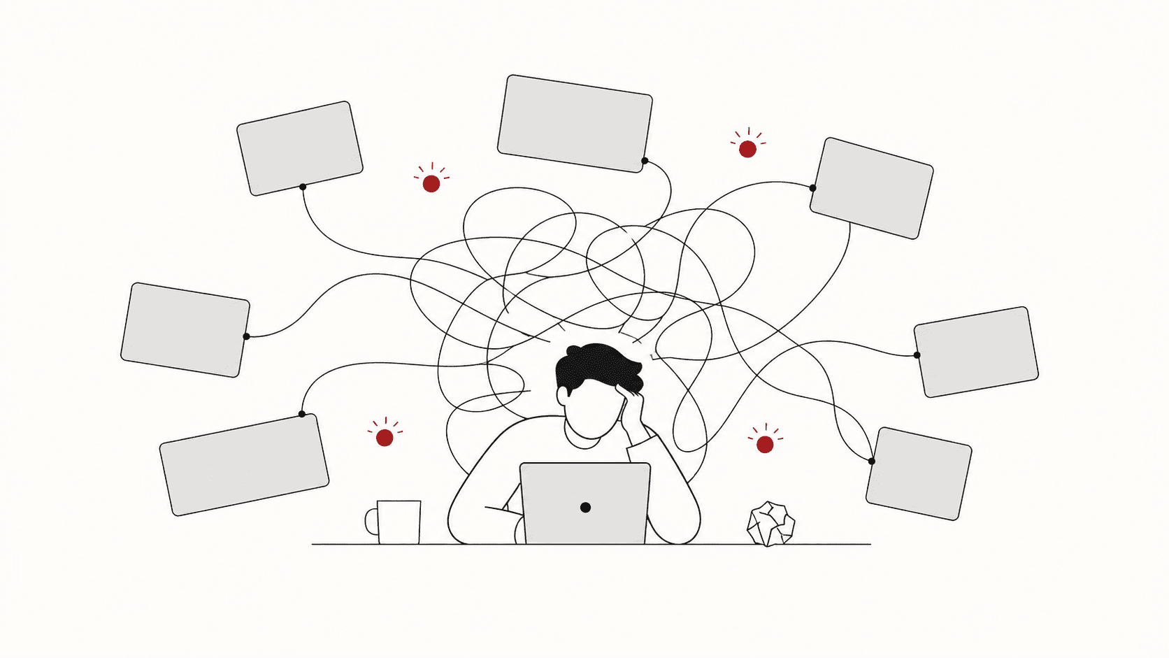 Wall covered in pinned documents connected by tangled strings, representing a business run across many disconnected vendors